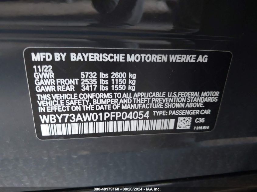 2023 BMW I4 Edrive40 VIN: WBY73AW01PFP04054 Lot: 40179160