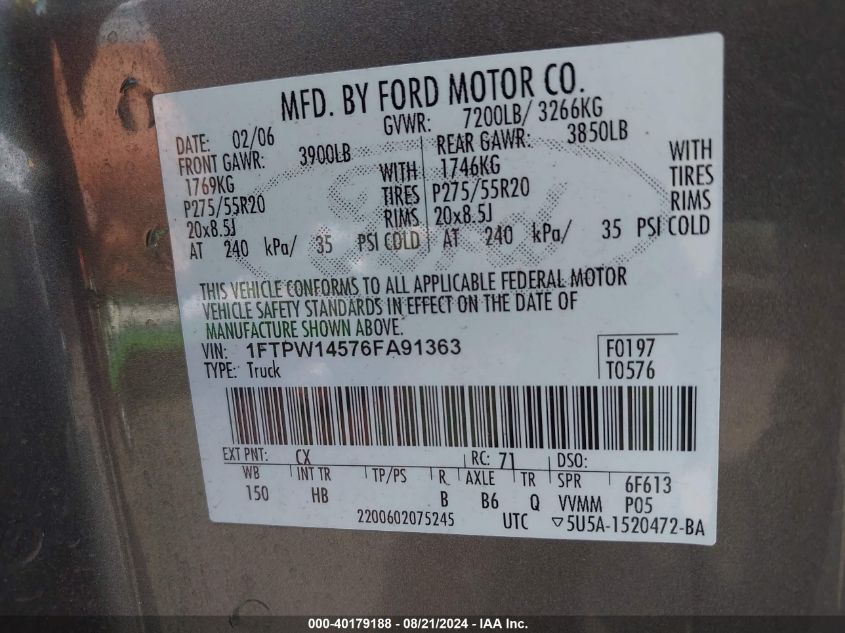 2006 Ford F-150 Fx4/Lariat/Xlt VIN: 1FTPW14576FA91363 Lot: 40179188