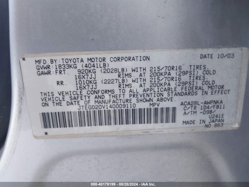 2004 Toyota Rav4 VIN: JTEGD20V140009110 Lot: 40179199