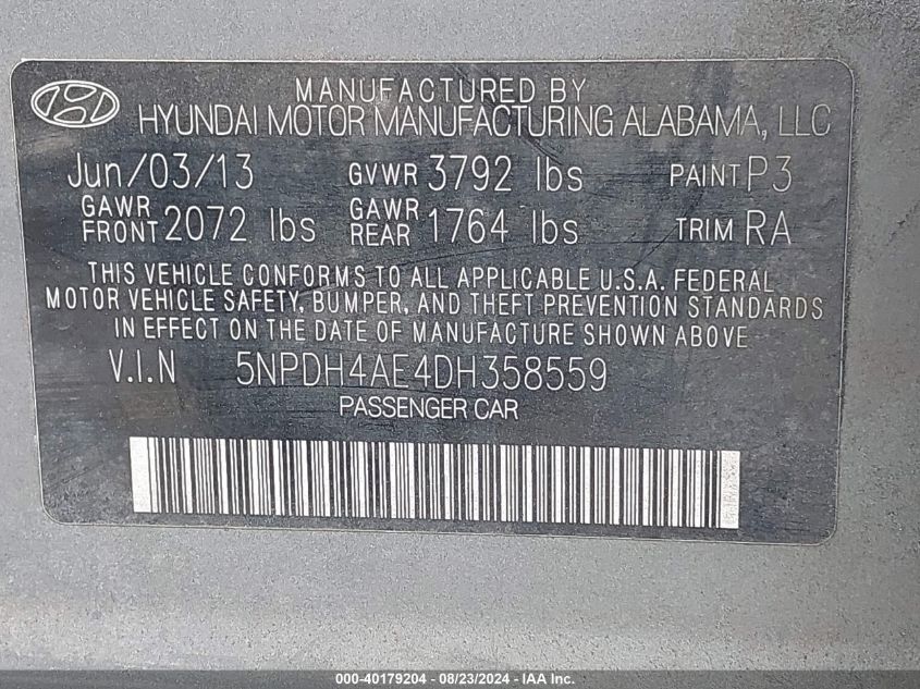 5NPDH4AE4DH358559 2013 Hyundai Elantra Gls