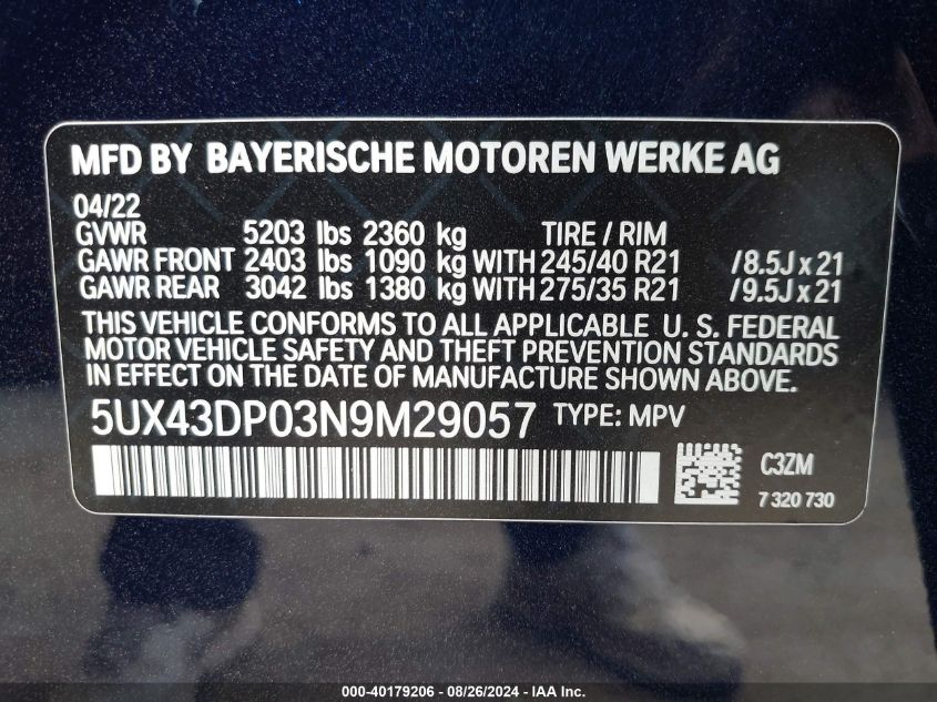 2022 BMW X3 Sdrive30I VIN: 5UX43DP03N9M29057 Lot: 40179206