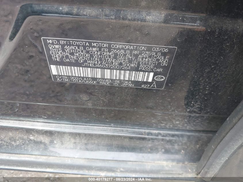 2007 Lexus Es 350 VIN: JTHBJ46G372007264 Lot: 40179277