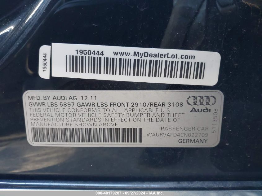 2012 Audi A8 L 4.2 VIN: WAURVAFD4CN022709 Lot: 40179287