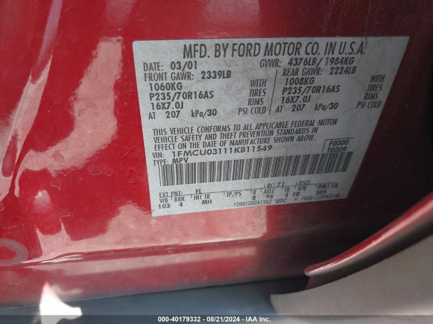 2001 Ford Escape Xlt VIN: 1FMCU03111KB11549 Lot: 40179332