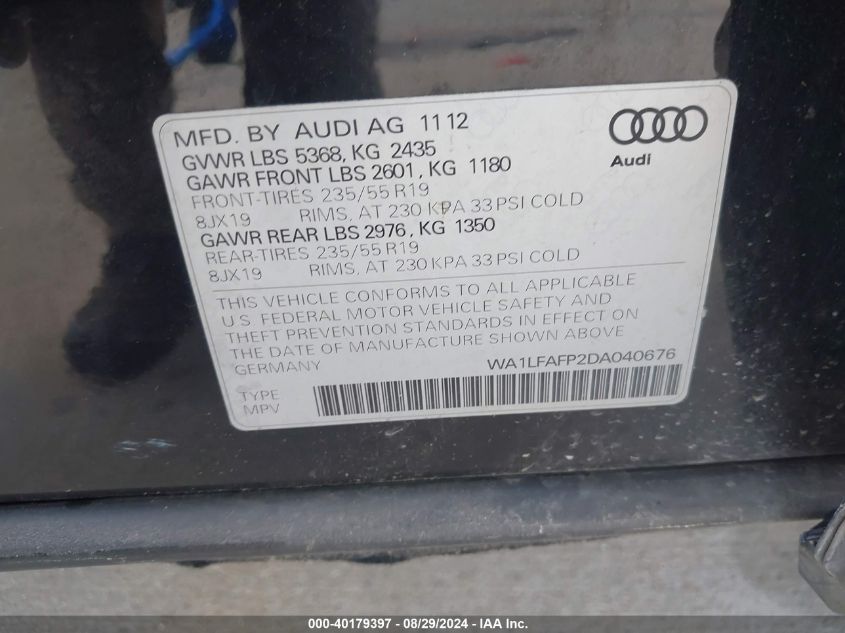 2013 Audi Q5 2.0T Premium VIN: WA1LFAFP2DA040676 Lot: 40179397