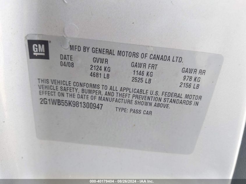 2008 Chevrolet Impala Ls VIN: 2G1WB55K981300947 Lot: 40179404