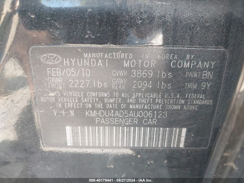 2010 Hyundai Elantra Se VIN: KMHDU4AD5AU006123 Lot: 40179441