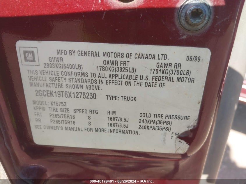 1999 Chevrolet Silverado 1500 Ls VIN: 2GCEK19T6X1275230 Lot: 40179481