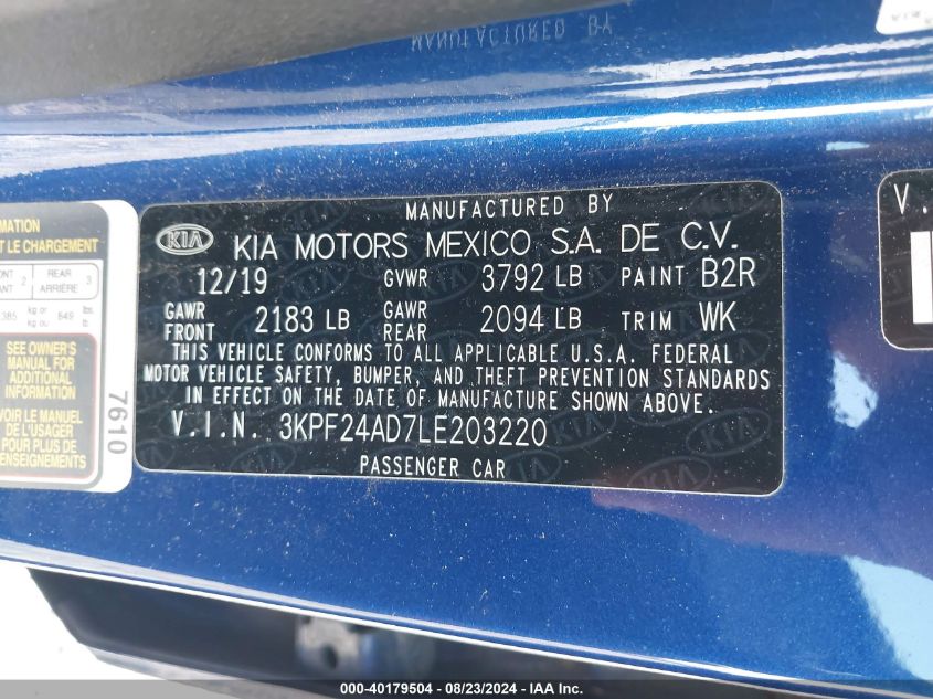 2020 Kia Forte Lxs VIN: 3KPF24AD7LE203220 Lot: 40179504