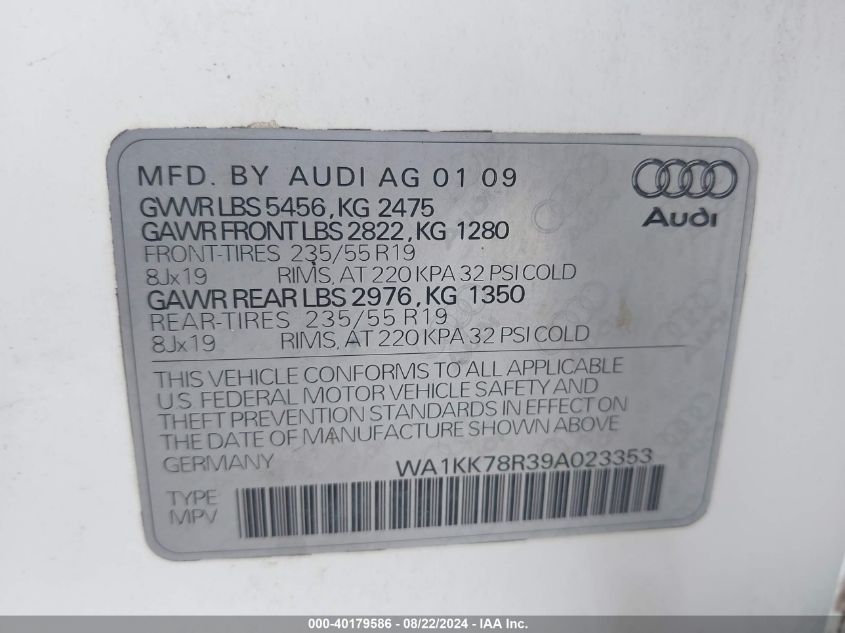 2009 Audi Q5 3.2 Premium VIN: WA1KK78R39A023353 Lot: 40179586