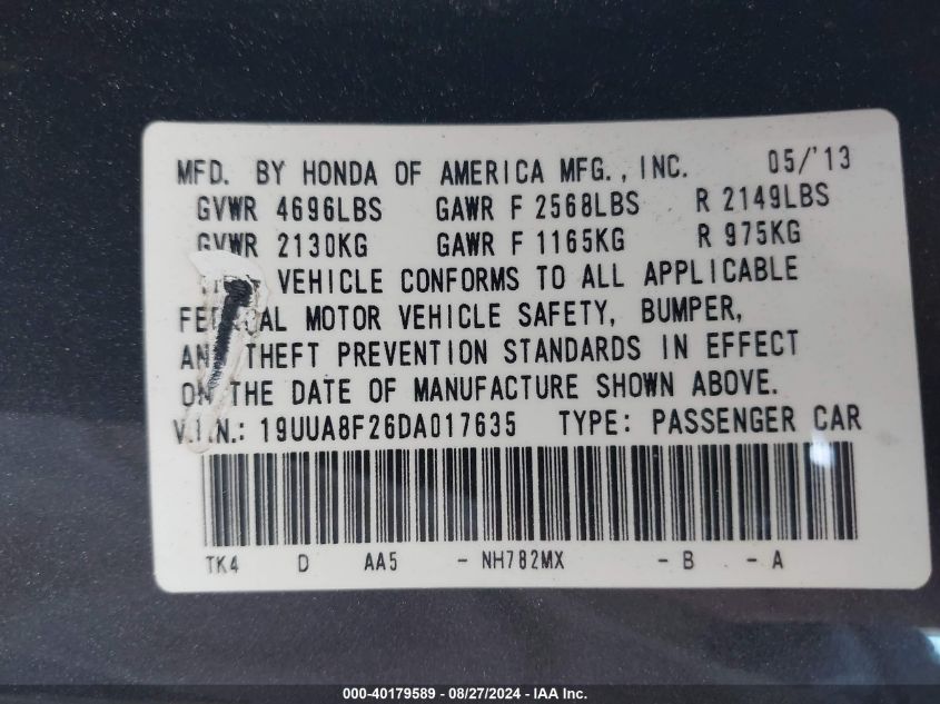 2013 Acura Tl 3.5 VIN: 19UUA8F26DA017635 Lot: 40179589