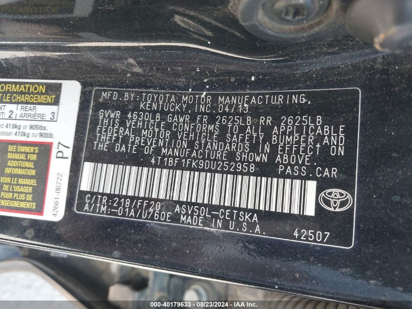 4T1BF1FK9DU252958 2013 Toyota Camry Se