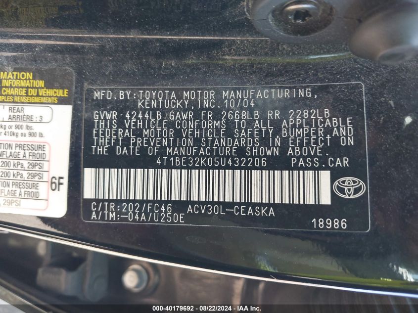 2005 Toyota Camry Se VIN: 4T1BE32K05U432206 Lot: 40179692