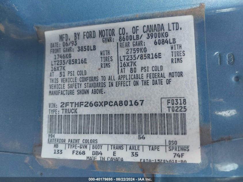 1993 Ford F250 VIN: 2FTHF26GXPCA80167 Lot: 40179695