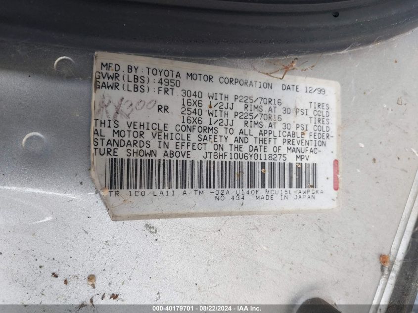 2000 Lexus Rx 300 VIN: JT6HF10U6Y0118275 Lot: 40179701