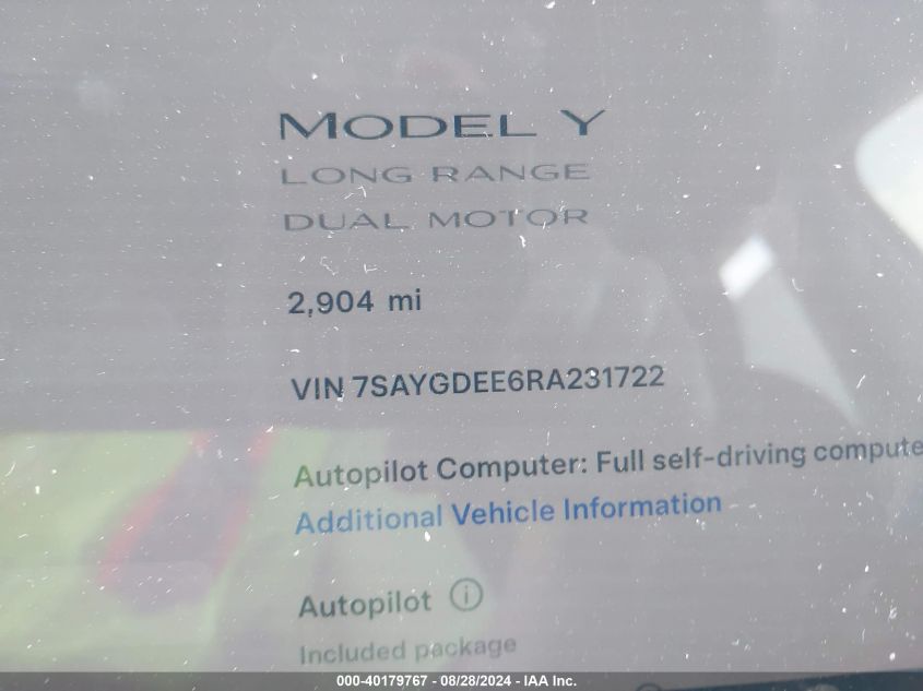 2024 Tesla Model Y Long Range Dual Motor All-Wheel Drive VIN: 7SAYGDEE6RA231722 Lot: 40179767