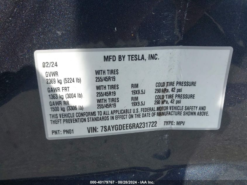 2024 Tesla Model Y Long Range Dual Motor All-Wheel Drive VIN: 7SAYGDEE6RA231722 Lot: 40179767