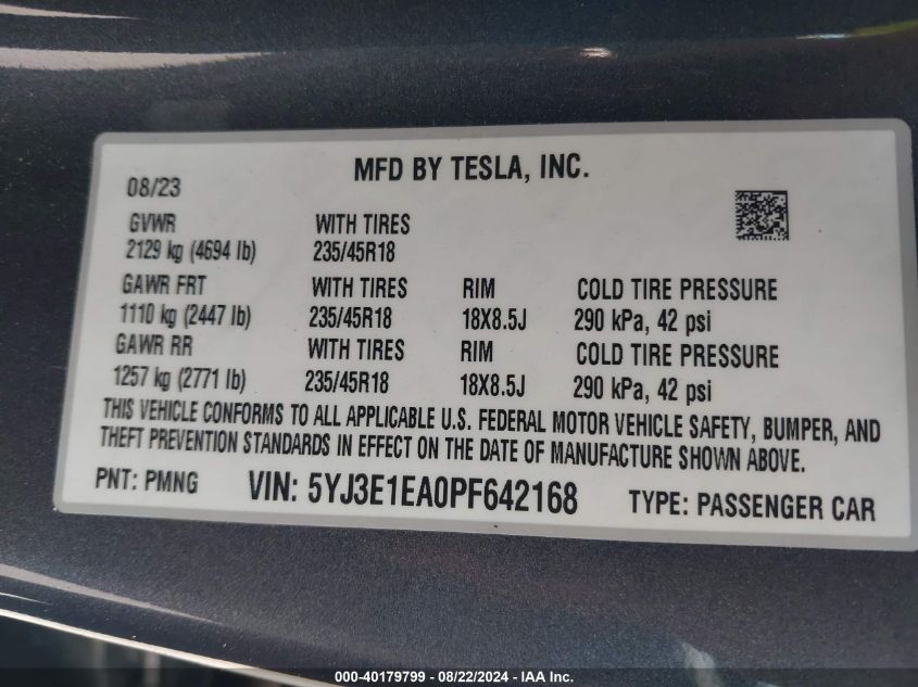 2023 Tesla Model 3 Rear-Wheel Drive VIN: 5YJ3E1EA0PF642168 Lot: 40179799