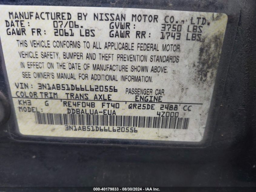 2006 Nissan Sentra Se-R VIN: 3N1AB51D66L620556 Lot: 40179833