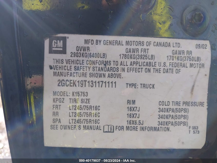 2003 Chevrolet Silverado 1500 Ls VIN: 2GCEK19T131171111 Lot: 40179837