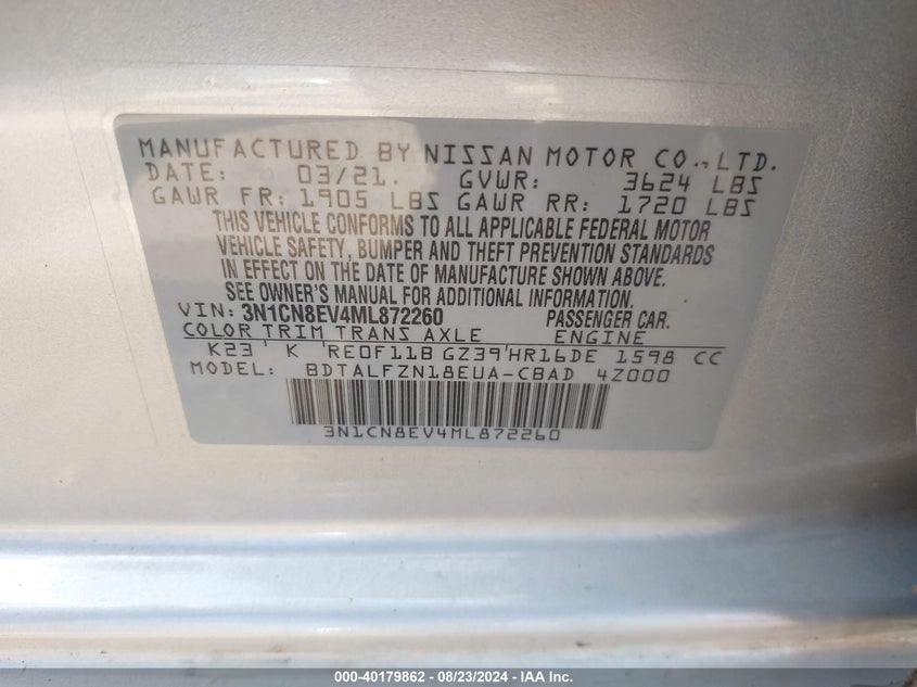2021 Nissan Versa Sv Xtronic Cvt VIN: 3N1CN8EV4ML872260 Lot: 40179862