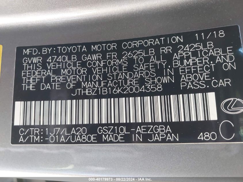 2019 Lexus Es 350 VIN: JTHBZ1B16K2004358 Lot: 40179973