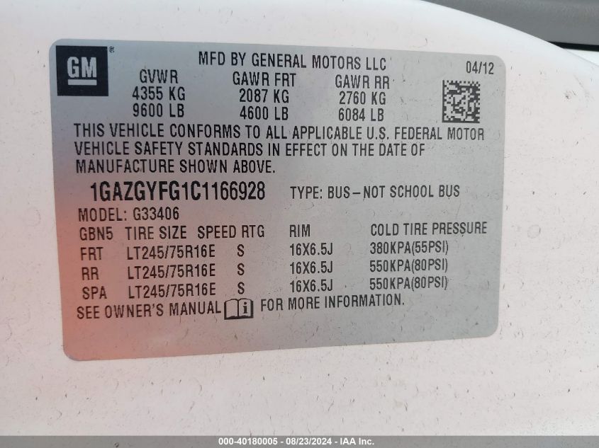 2012 Chevrolet Express 3500 Lt VIN: 1GAZGYFG1C1166928 Lot: 40180005