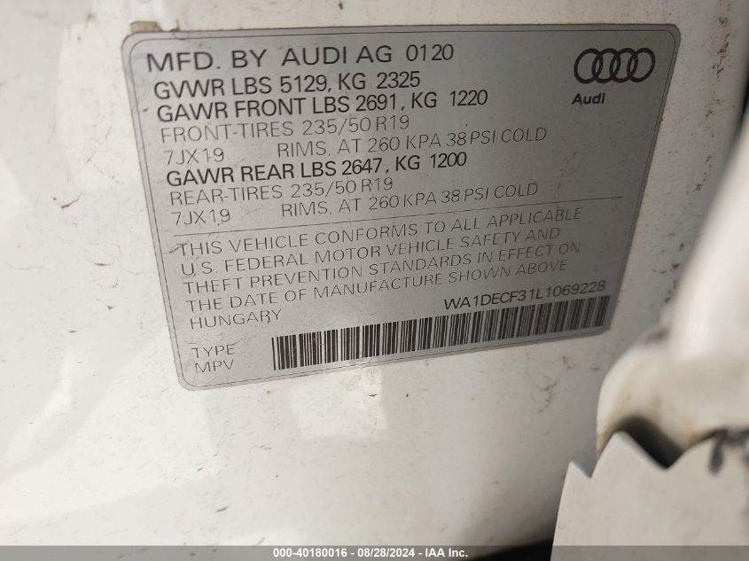 2020 Audi Q3 Premium 45 Tfsi S Line Quattro Tiptronic VIN: WA1DECF31L1069228 Lot: 40180016