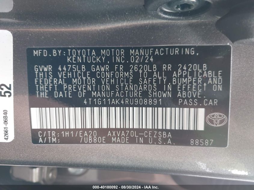 4T1G11AK4RU908891 2024 Toyota Camry Se