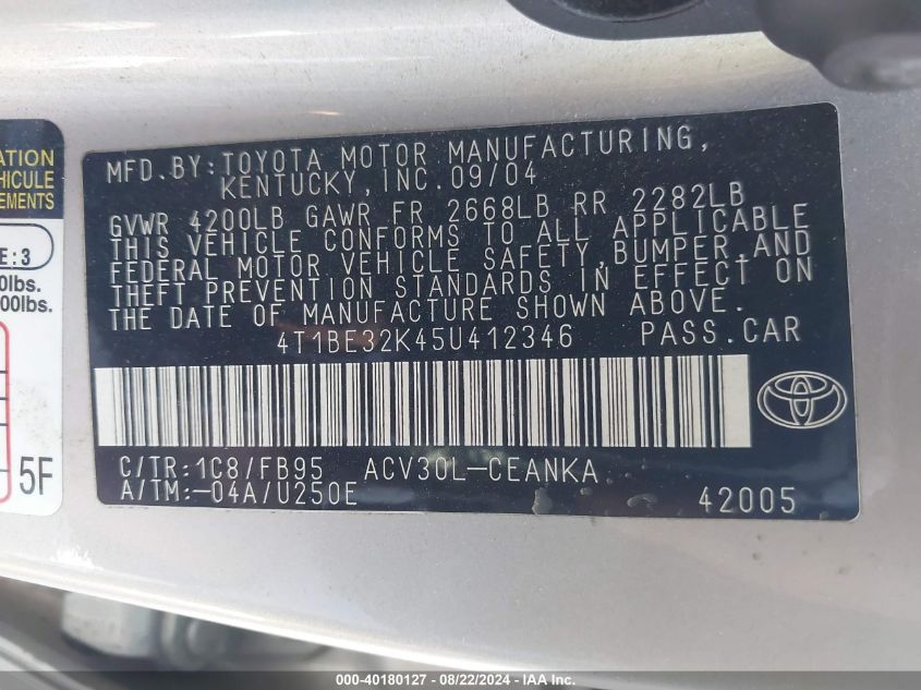 2005 Toyota Camry Le VIN: 4T1BE32K45U412346 Lot: 40180127