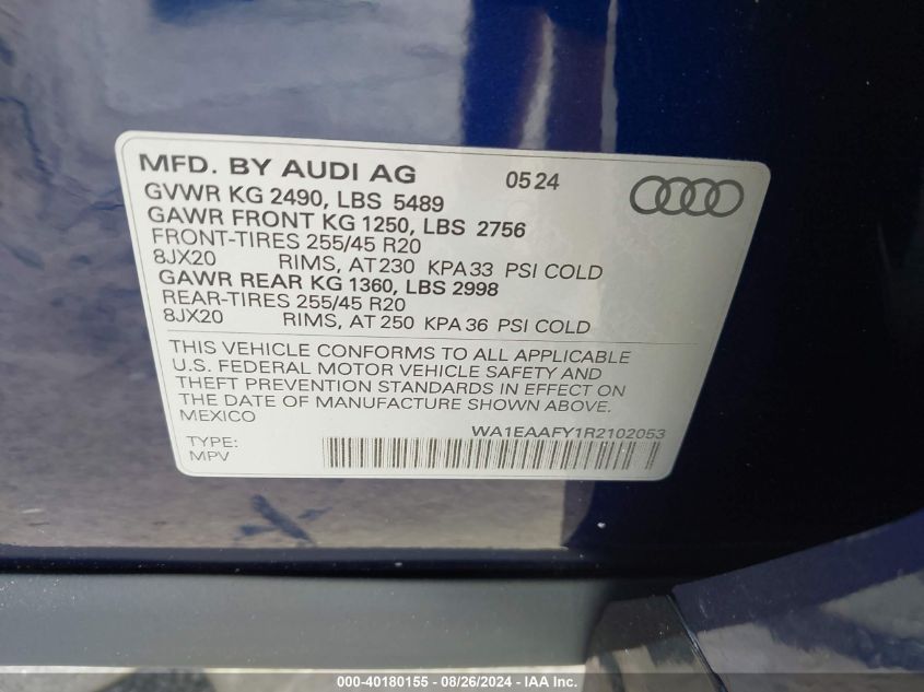 2024 Audi Q5 Premium Plus 45 Tfsi S Line Quattro VIN: WA1EAAFY1R2102053 Lot: 40180155