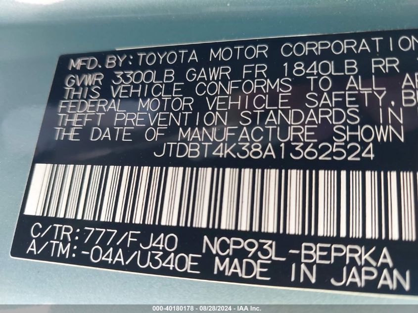 2010 Toyota Yaris VIN: JTDBT4K38A1362524 Lot: 40180178