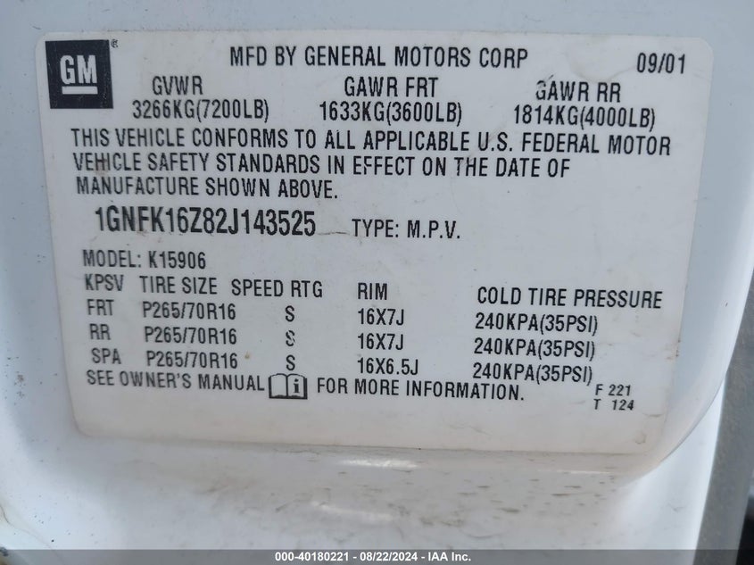 2002 Chevrolet Suburban 1500 Ls/Lt/Z71 VIN: 1GNFK16Z82J143525 Lot: 40180221