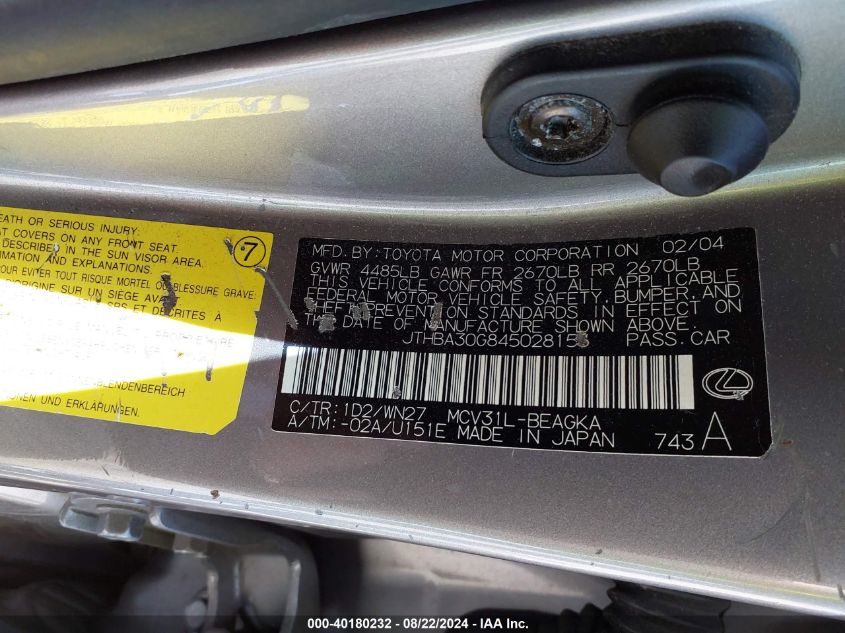 2004 Lexus Es 330 VIN: JTHBA30G845028155 Lot: 40180232