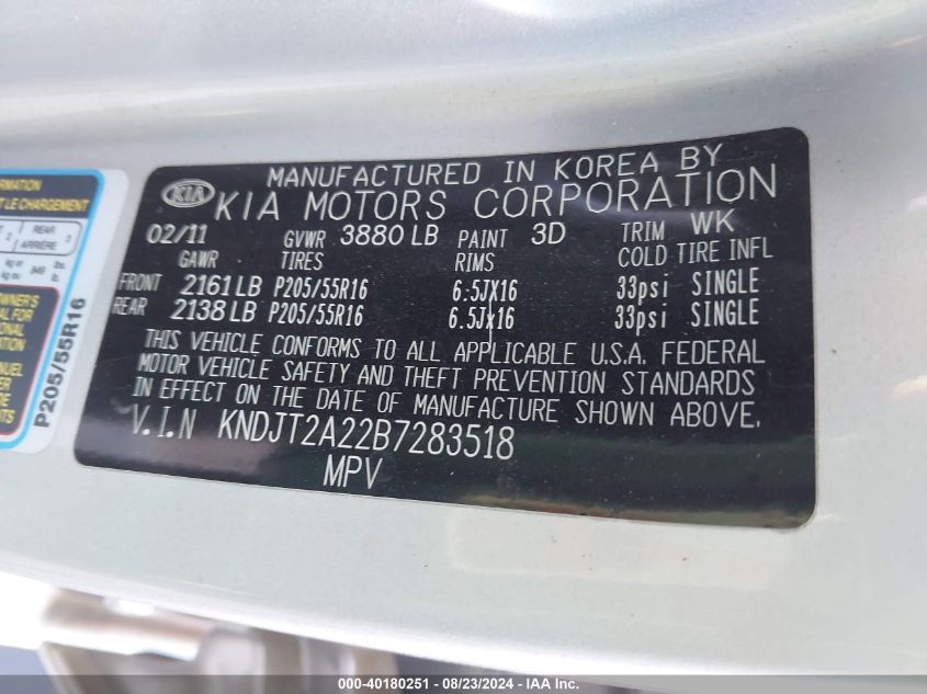 2011 Kia Soul + VIN: KNDJT2A22B7283518 Lot: 40180251