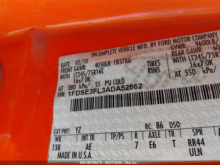2010 Ford E-350 Cutaway VIN: 1FDSE3FL3ADA52662 Lot: 40180278