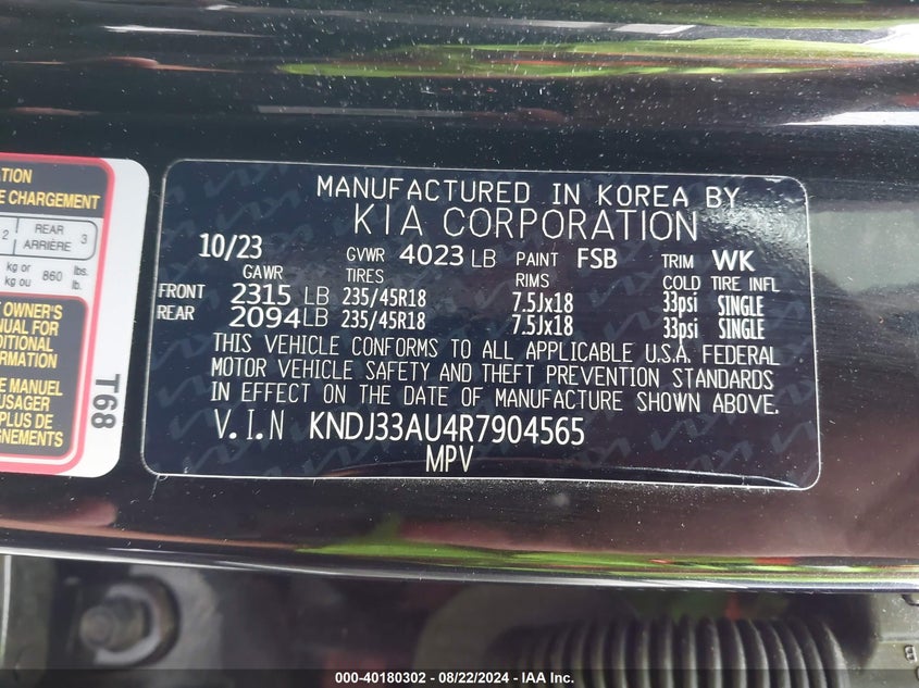 2024 Kia Soul Ex VIN: KNDJ33AU4R7904565 Lot: 40180302