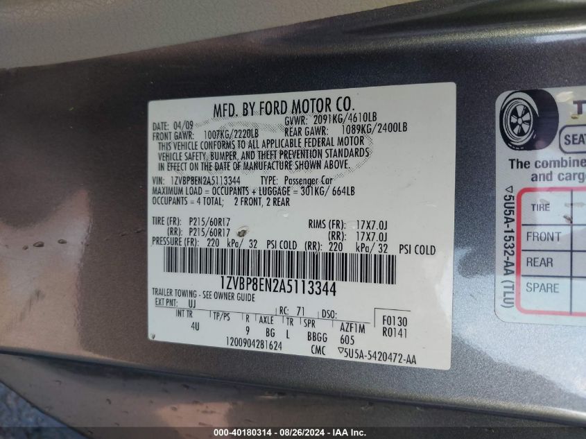 2010 Ford Mustang V6 Premium VIN: 1ZVBP8EN2A5113344 Lot: 40180314