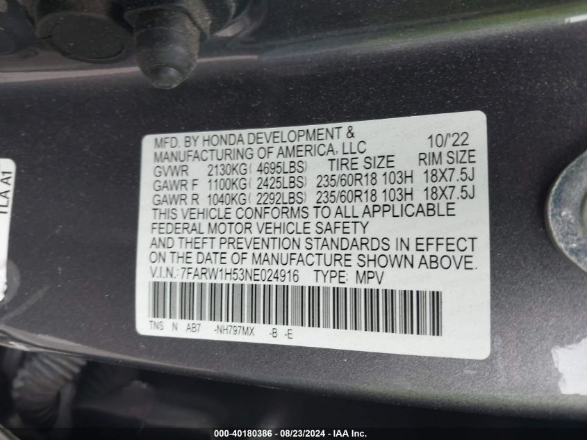 VIN 7FARW1H53NE024916 2022 HONDA CR-V no.9