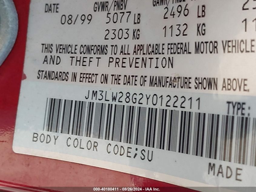 2000 Mazda Mpv Dx/Es/Lx VIN: JM3LW28G2Y0122211 Lot: 40180411