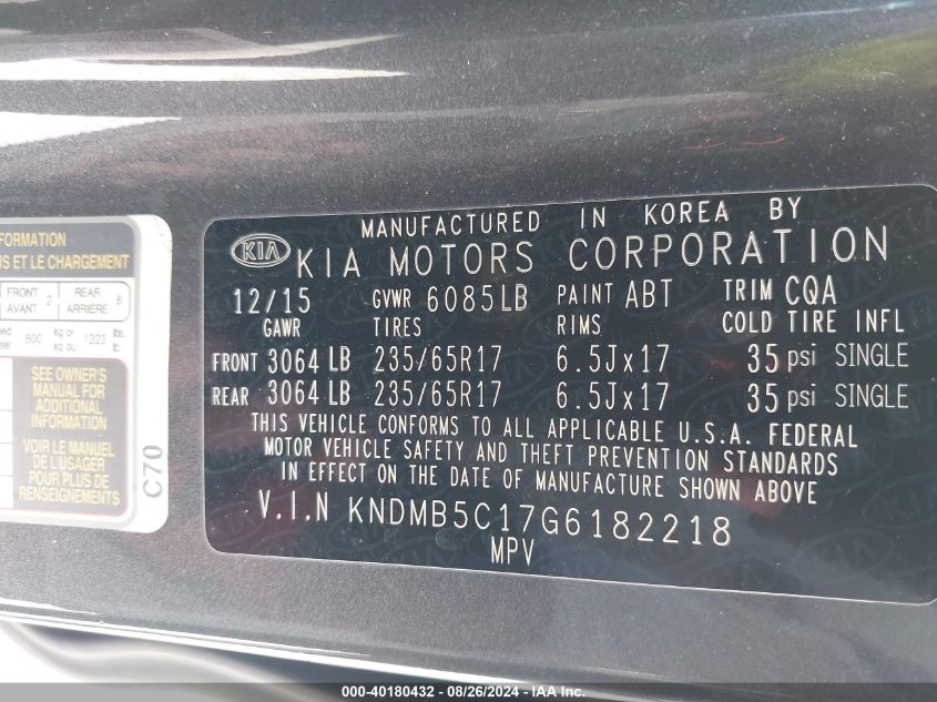 2016 Kia Sedona Lx VIN: KNDMB5C17G6182218 Lot: 40180432