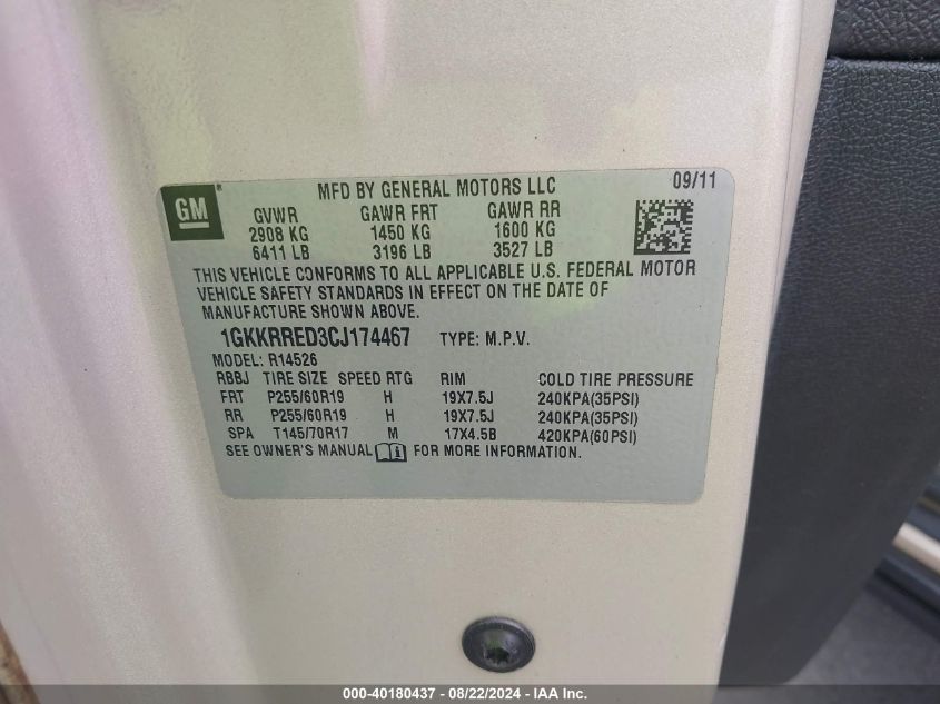 2012 GMC Acadia Slt-1 VIN: 1GKKRRED3CJ174467 Lot: 40180437