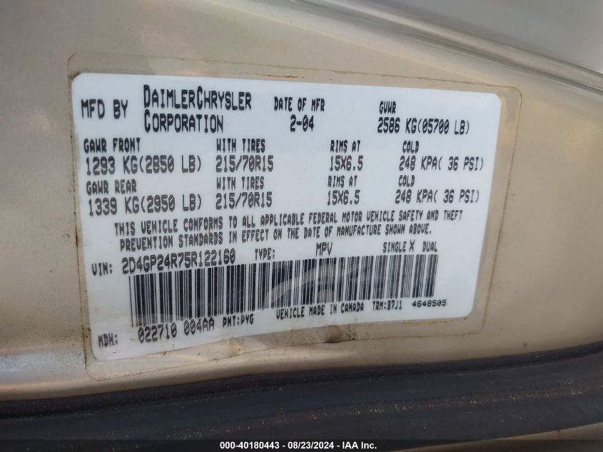 2005 Dodge Grand Caravan Se VIN: 2D4GP24R75R122160 Lot: 40180443