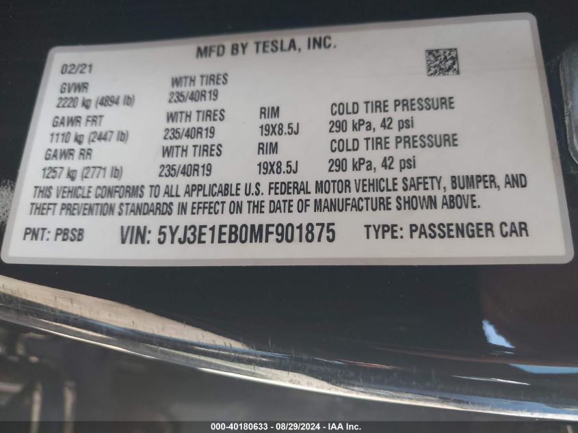 2021 Tesla Model 3 Long Range Dual Motor All-Wheel Drive VIN: 5YJ3E1EB0MF901875 Lot: 40180633