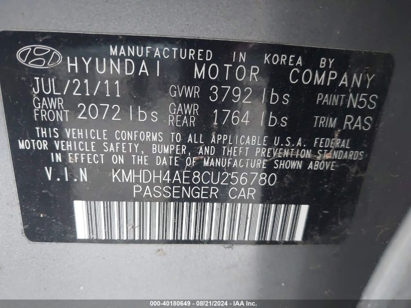 2012 Hyundai Elantra Limited (Ulsan Plant) VIN: KMHDH4AE8CU256780 Lot: 40180649