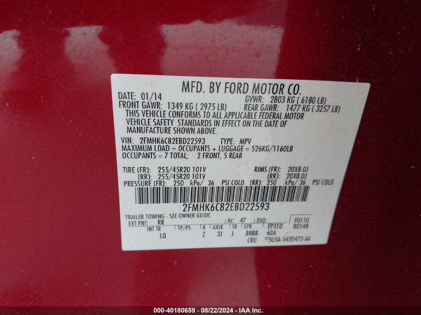 2014 Ford Flex Sel VIN: 2FMHK6C82EBD22593 Lot: 40180659