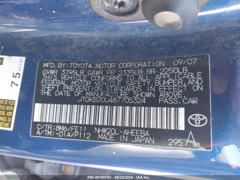 2008 Toyota Prius VIN: JTDKB20U487705324 Lot: 40180703