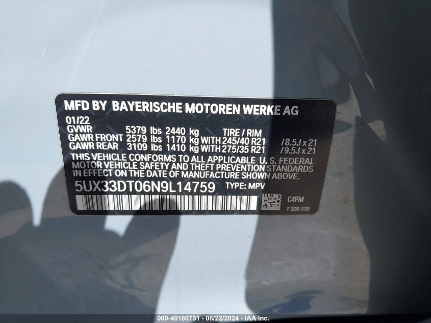 2022 BMW X4 xDrive30I VIN: 5UX33DT06N9L14759 Lot: 40180731