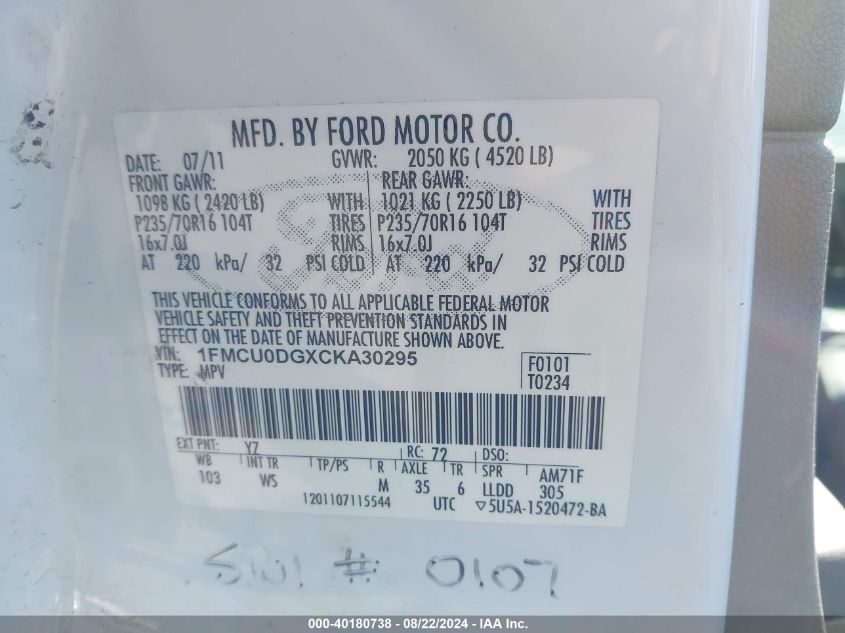 2012 Ford Escape Xlt VIN: 1FMCU0DGXCKA30295 Lot: 40180738
