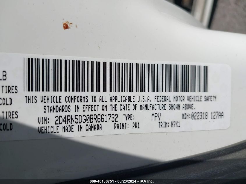 2011 Dodge Grand Caravan Crew VIN: 2D4RN5DG0BR661732 Lot: 40180751